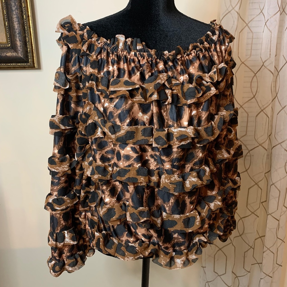 Ashley Stewart Brown and Black Ruffled Off the Shoulder Top, Size  14/16
